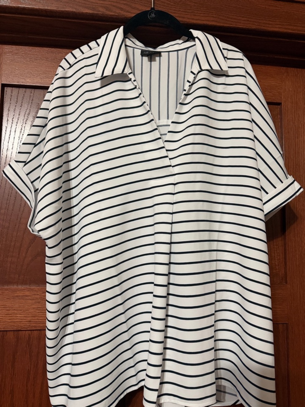 J. Jill White Top with Black Stripes - Collared V-Neck